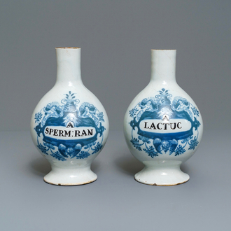 A pair of Dutch Delft blue and white pharmacy bottles, 18th C.